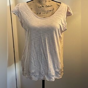 LOFT Cream Eyelet Trim Short Sleeve Scoop Neck Top